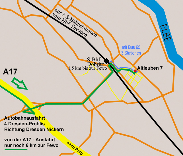Anfahrtsskizze über Autobahn A17 und S-Bahn nach Dresden