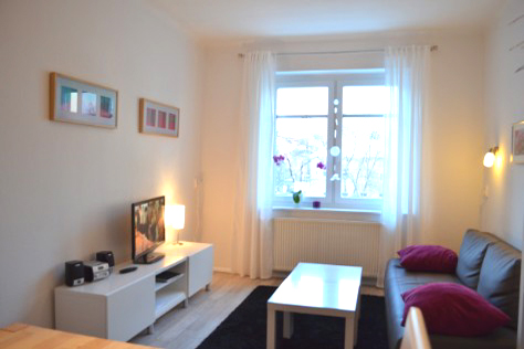 Wohnzimmer mit Sofa, Fernseher und großem Fenster